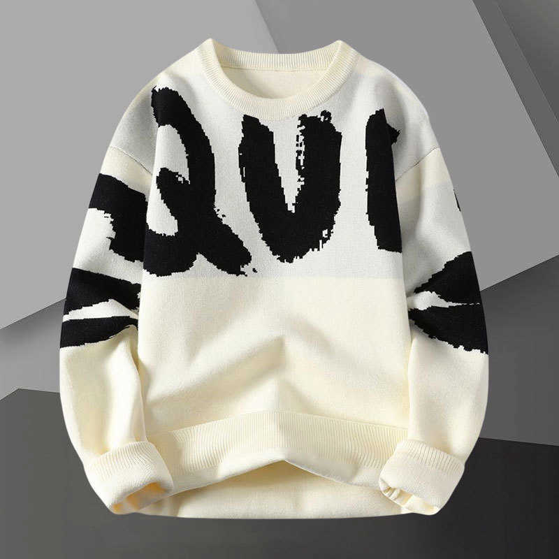 Suéteres masculinos letra contraste de impressão de suéter pullover pullover pescoço masculino sweter suéter coreano designer moda malha suéter Noel Cazak J230822