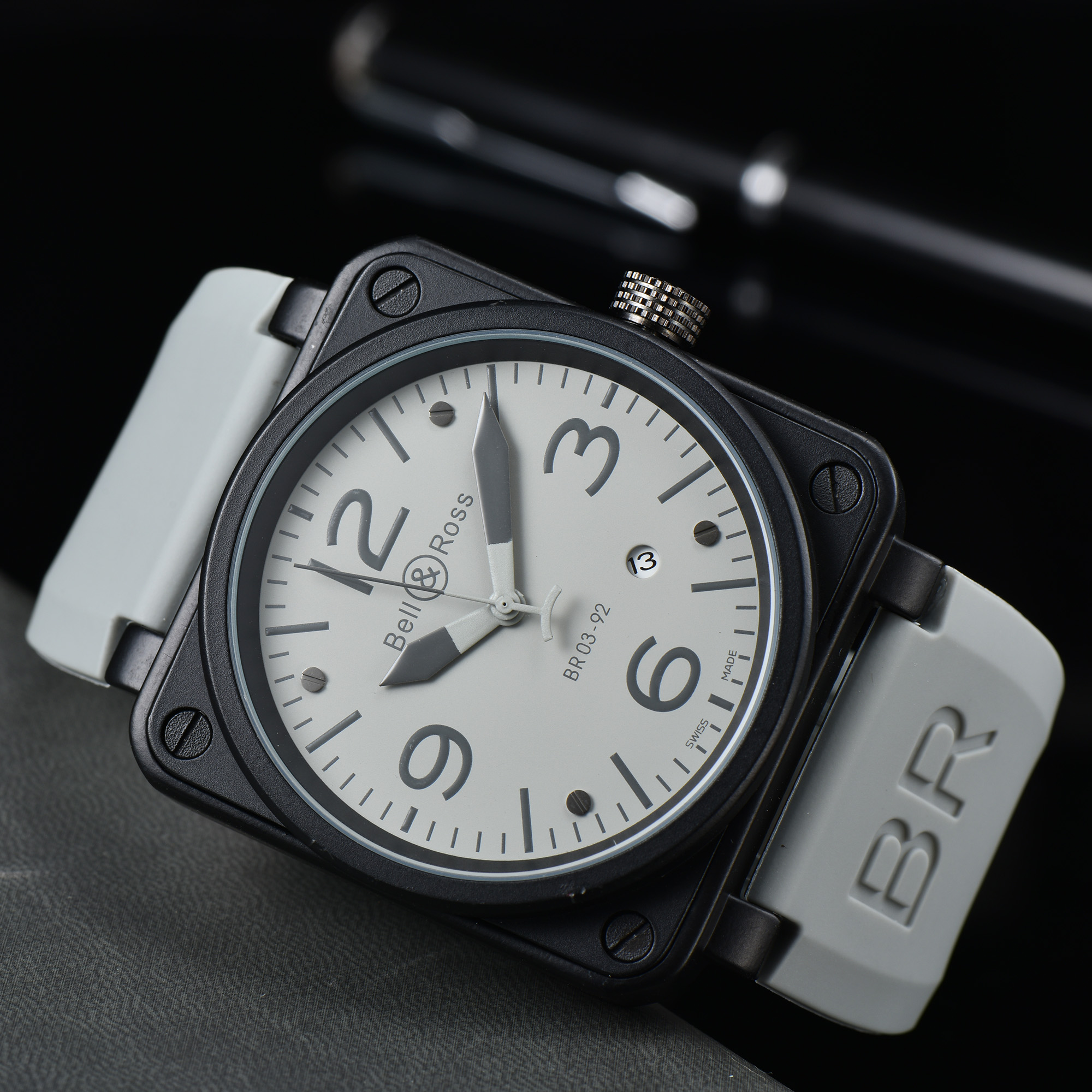 عالي الجودة من أفضل العلامة التجارية Bell Ross BR03-92 Series Military Compans Mens مشاهدة حزام مطاط غير رسمي أوتوماتيكي رجل الساعات المصمم حركة Montre Wristwatch