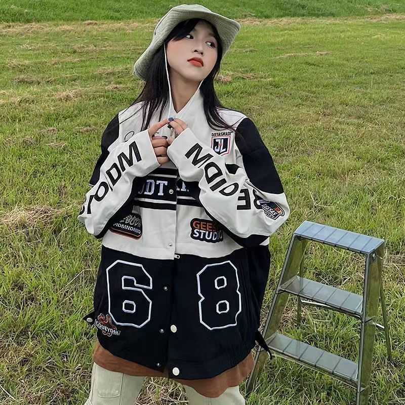 Herrjackor American Retro Hot Girl Löstagbar motorcykeljacka Spring och Autumn Loose Short Coat Female Brodery Baseball Uniform J230821