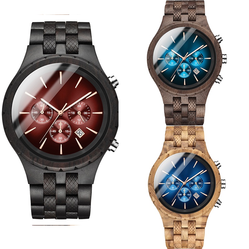 Modedesigner armbandsur klassiska multifunktionella stålklocka trä klock kalender kvarts klockor kh