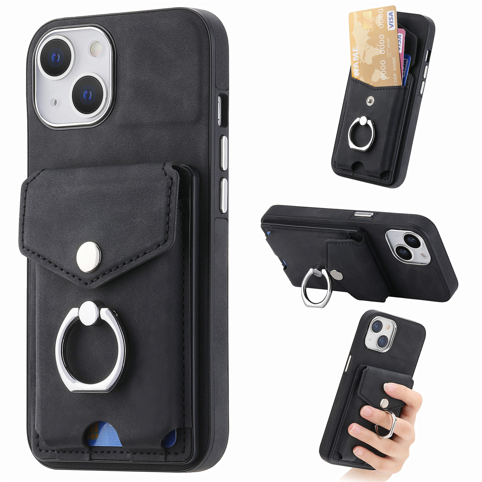 Étuis de portefeuille en cuir de poche de carte de crédit pour iPhone 15 Plus 14 Pro Max 13 12 11 X XS XR 8 7 6 Porte-bague en métal Fente pour carte Couverture arrière de téléphone portable en TPU souple