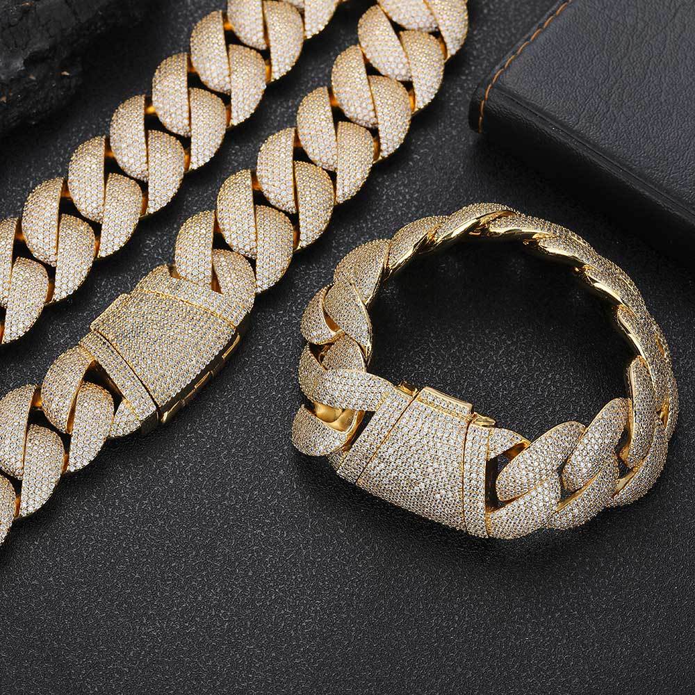 22 mm Hip Hop Miami Cuban Link Catena Collana Gioielli Bracciale Set completo Zircon 18K Real Gold placcato