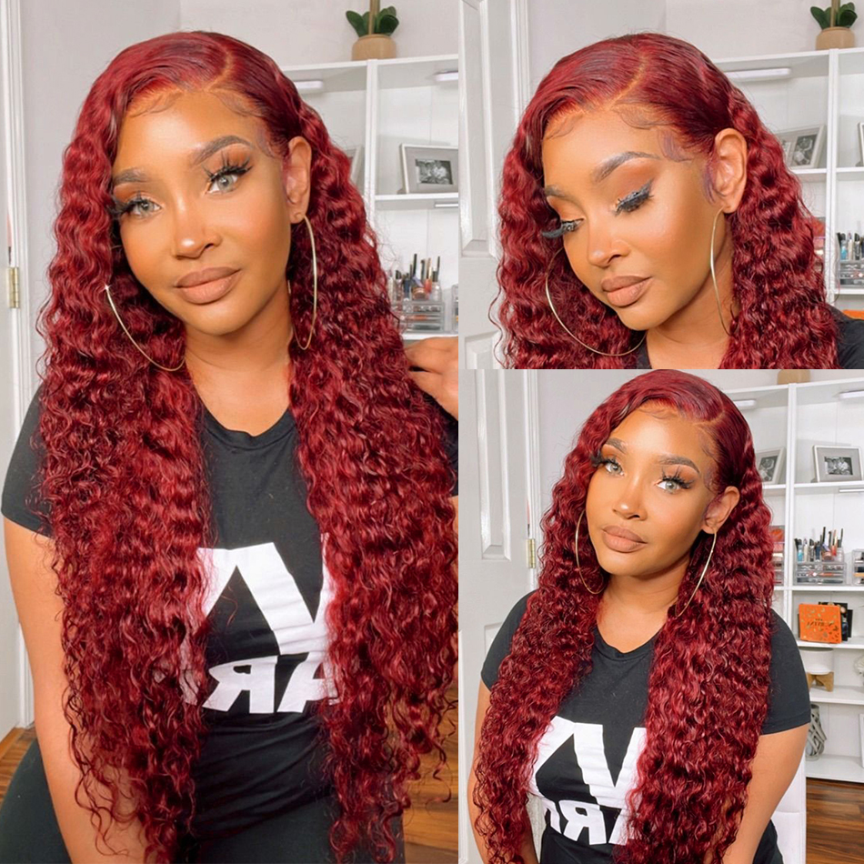 30 32 polegadas 99J Lace Borgonha frontal Human Human Wigs Loose Wave Deep Red Color Red 13x4 Lace Frontal Red Wig Curly 150% para mulheres