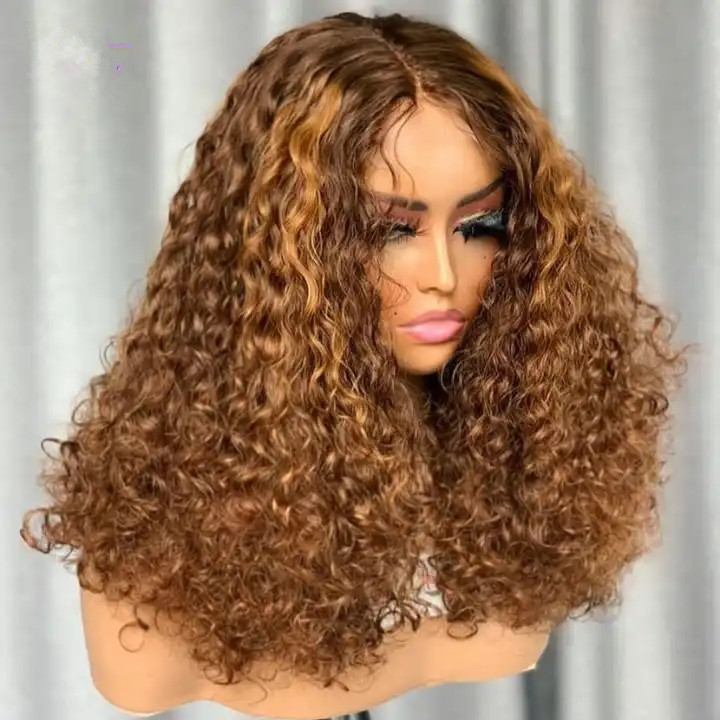 Glueless Tpart Highlight Ombre Curly Human Hair Lace Frontal Wig Brazilian Remy Honey Blonde Deep Wave T Part Front Wig For Women 13X4X1 250%denstiy