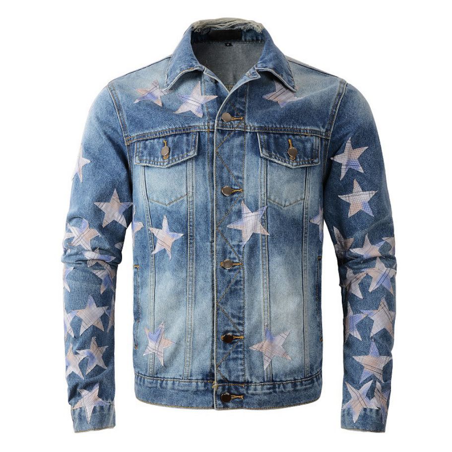 Denim-Tränenjacke, High-Street-Designer-Modemarke, gebrochenes Loch, schlanker Denim-Mantel, Punk-Motorrad-Designerjacke, männliche Jeansjacke