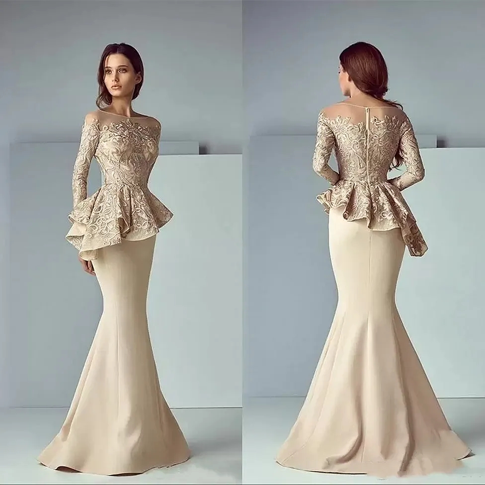 Elegant Long Mother Of The Bride Groom Dresses Champgne Lace Applique Satin Mermaid Wedding Guest Gowns Jewel neck Arabic Plus Size Prom Evening Dress