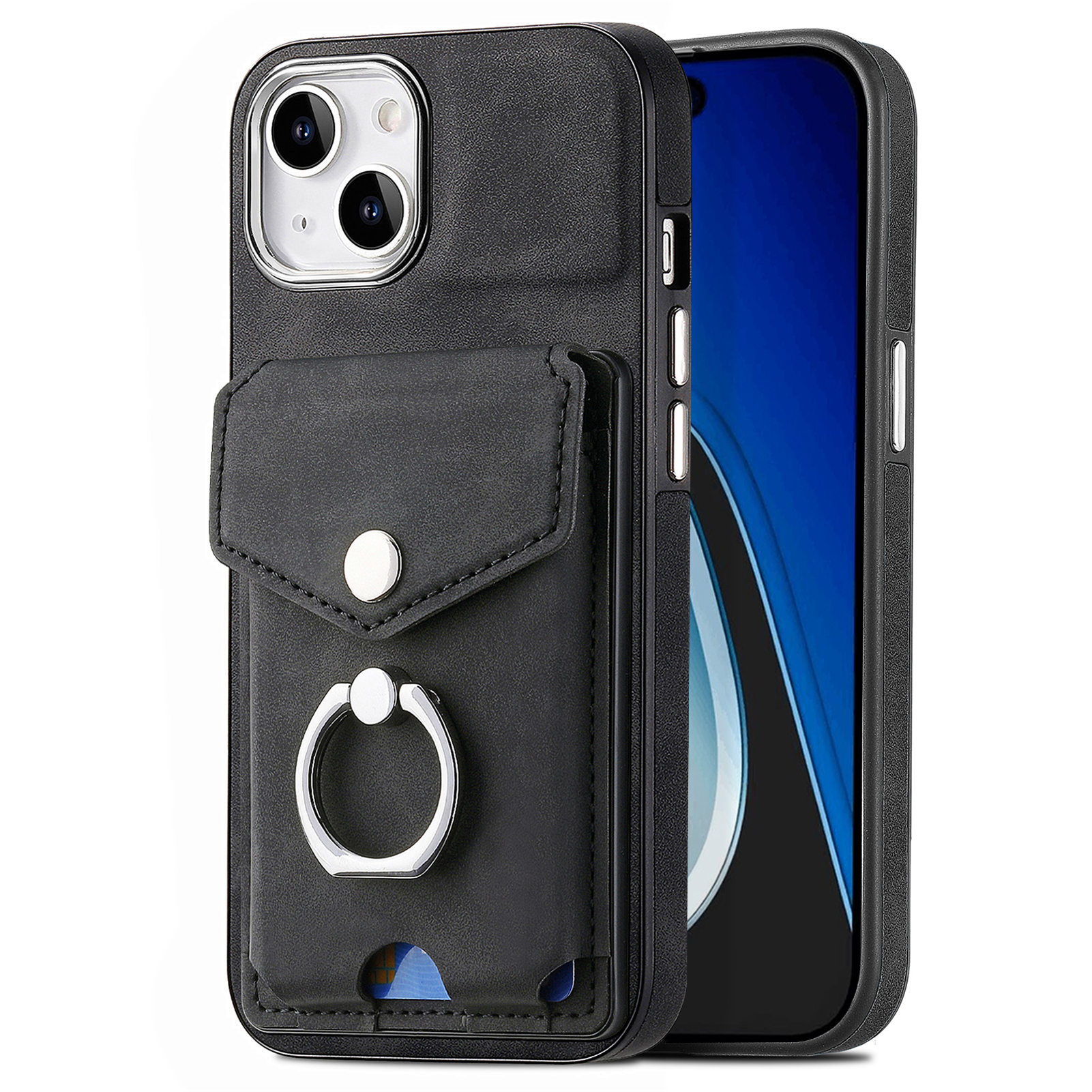 Étuis de portefeuille en cuir de poche de carte de crédit pour iPhone 15 Plus 14 Pro Max 13 12 11 X XS XR 8 7 6 Porte-bague en métal Fente pour carte Couverture arrière de téléphone portable en TPU souple