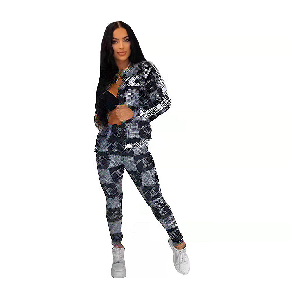 Designer Print Tracksuits Women's Two Piece Set Fashion Slim Fit Zipper Set Free Ship