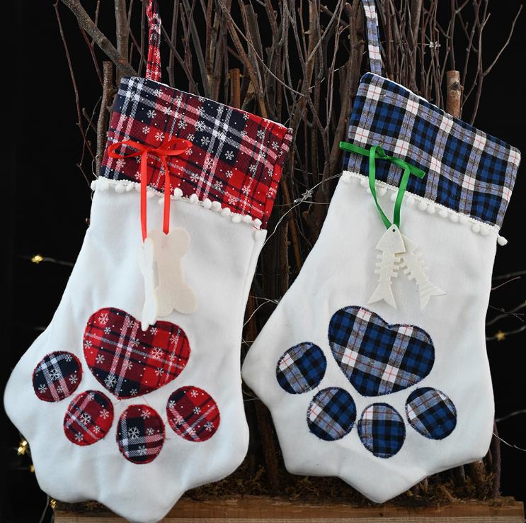 Julstrumpor Animal Dog Cat Paw Gift Bag Candy Gift Strumpa Christmas Tree Ornament Nyår Xmas Home Decoration SN856