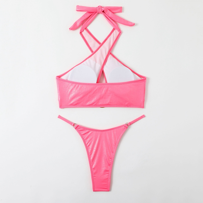 Arxipa pu läder g sträng mini bikinis mikro sexig tvåbit baddräkt för kvinnor solid rosa baddräkt vadderad push up cross bandage beachwear thong high cut halter