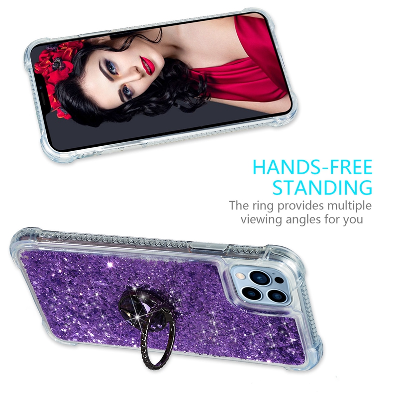 İPhone 15 için lüks elmas parmak yüzüğü tutucu Quicksand Case ve 14 13 Pro Max Mini Samsung Galaxy S21 Fe Ultra Plus Yumuşak TPU Sıvı Bling Glitter Stand Telefon Kapağı