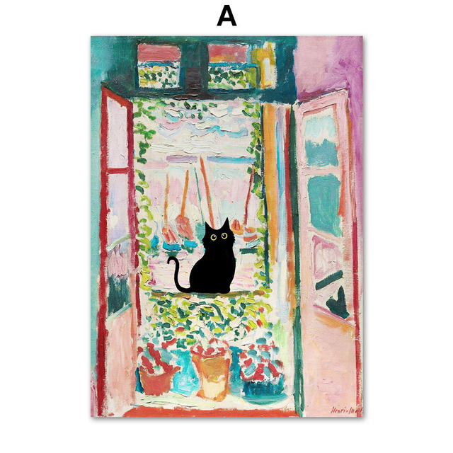 Whimsical Black Cat Canvas Painting Wall Art Nordic Abstract Matisse Posters And Prints Wall Pictures For Living Room Bedroom Decor Wo6