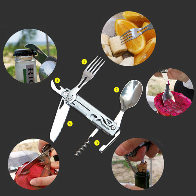 Multipurpose Knife Outdoor Camping Picnic Cutlery Travel Portable Folding Knife Fork Spoon Combination Knife Wine Bottle Opener HKD230812