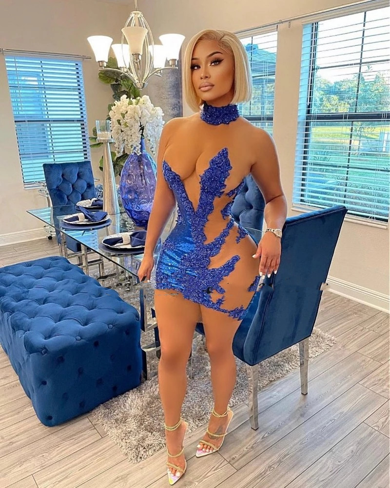 Sexy Royal Blue Short Prom Dresses Lace Beaded Crystal Sequin Evening Dresses For Black Girls African Birthday Party Wear