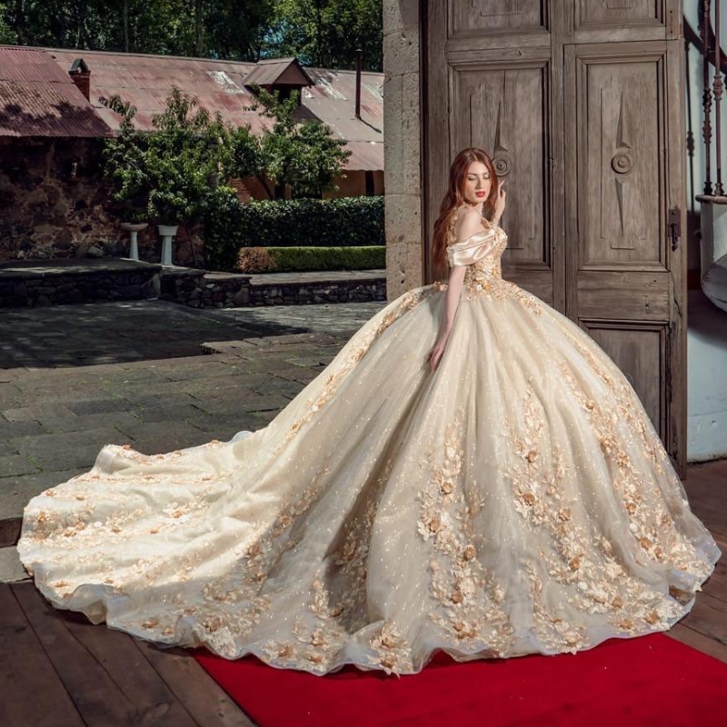 Szampan quinceanera sukienka o nokół bez rękawów Słodka 16-letnia suknia urodzinowa Suknia księżniczka Długa Puffy Spódnica Formalne vestidos de 15