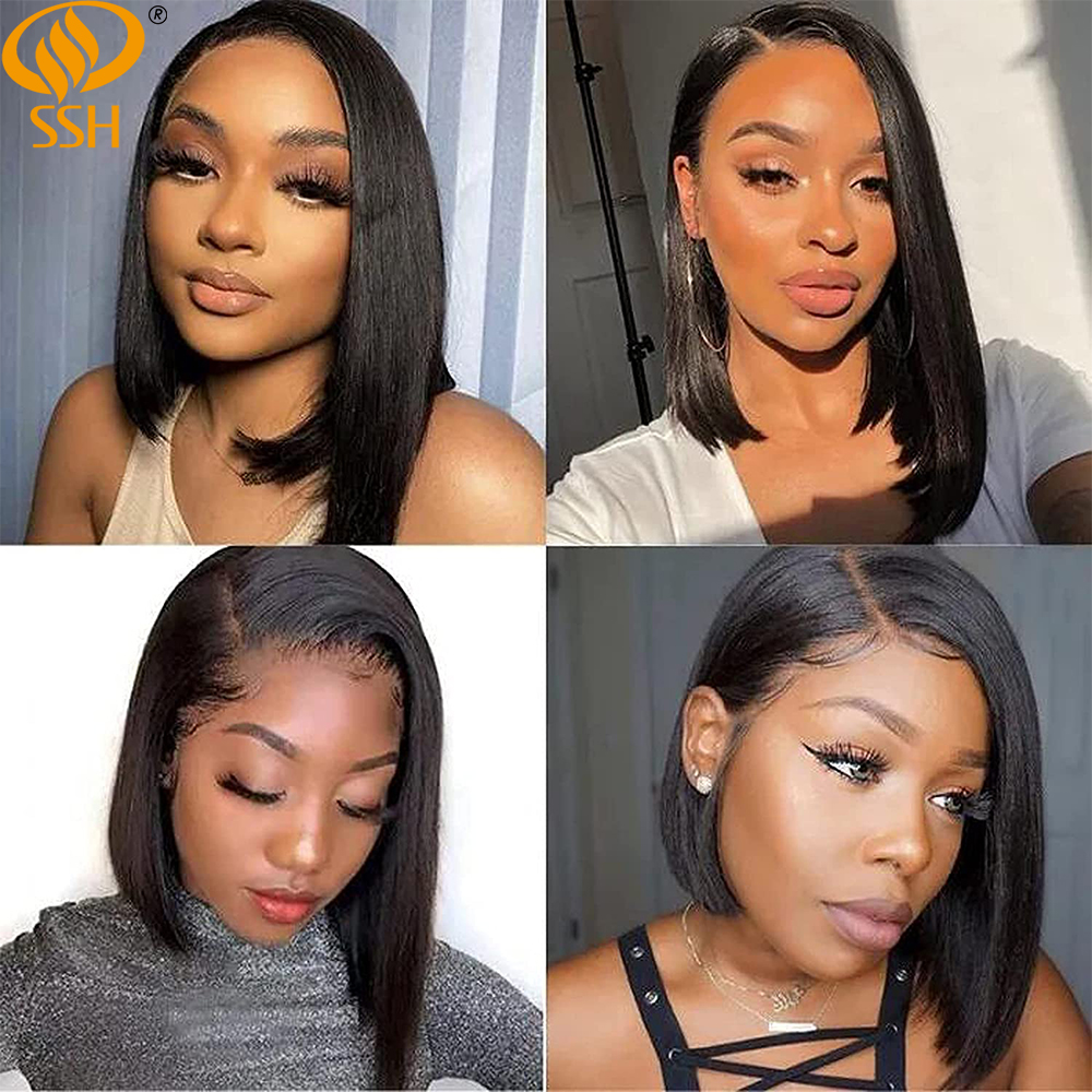 220%Dichte Spitze Teil kurzer Straight Brasilian Remy Human Hair Perücken für schwarze Frauen Bob Perücke Seite Teil vorgepflegt natürliche schwarze Farbe