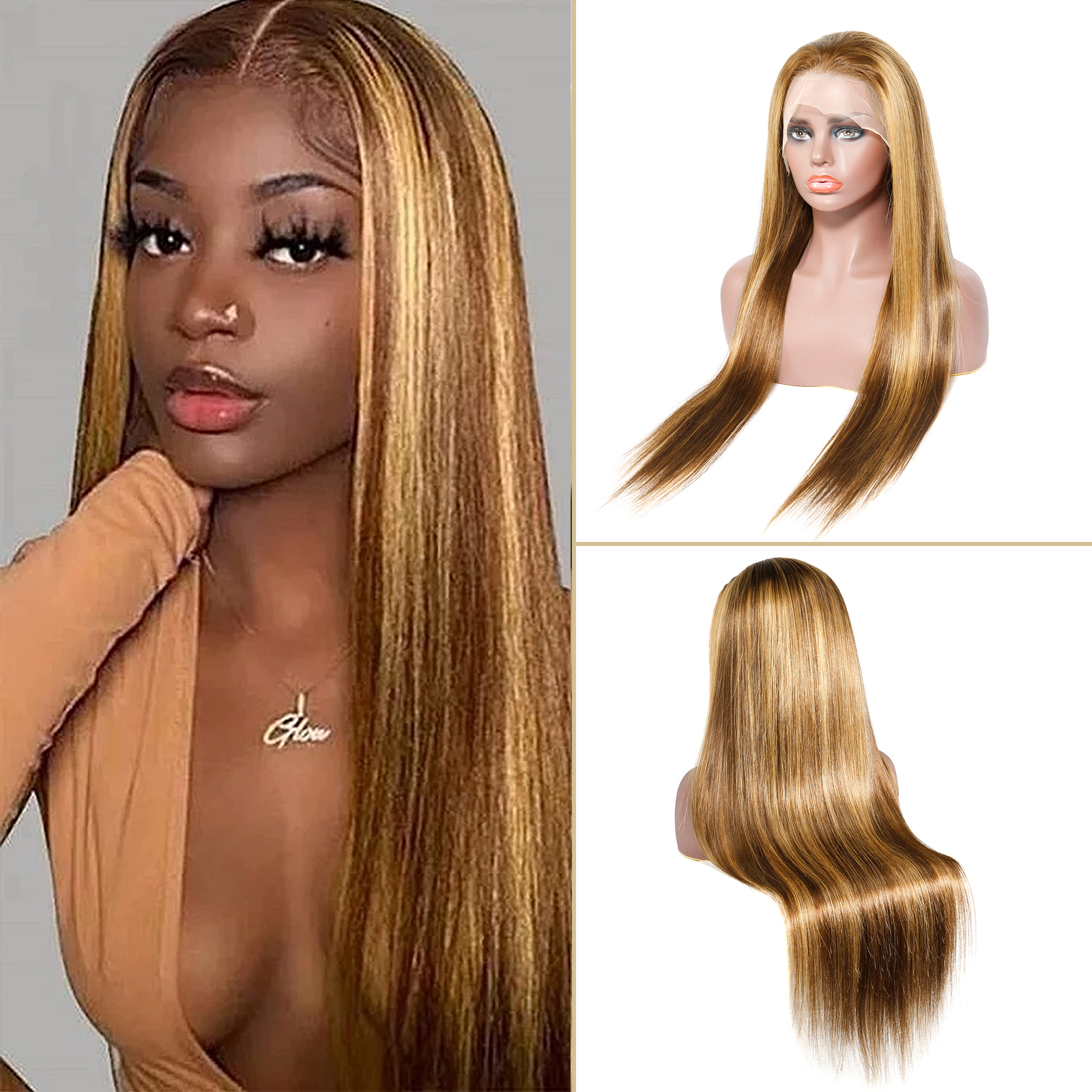 38inch Honey Blonde Lace Front Human Hair Straight Wigs 13x4 Transparent Lace Frontal #4/27 Highlight Colored Missanna Hair