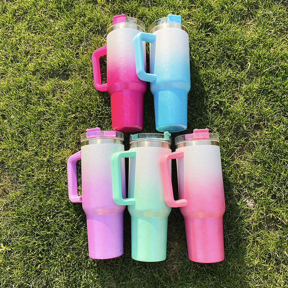 USA warehouse 40oz rainbow stainless steel vacuum insulated blank sublimation glittery rough powder glitter BPA free tumbler mugs with handle and straw