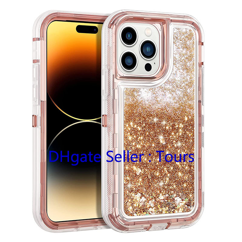 Liquid Quicksand Glitter Phone Cases For Iphone 15 11 12 13 14 Pro Max 14Plus 13Mini XR XsMax 8Plus SE Shockproof Three Layer Heavy Duty Defender Protective Hard Cover