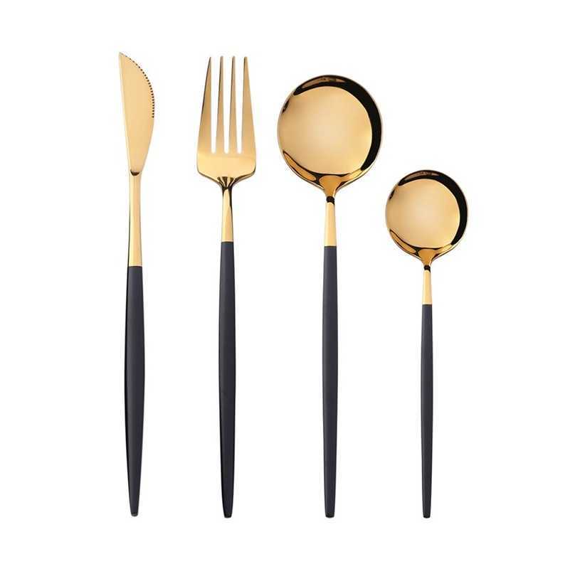 2/Dinnerware Portable Black Gold Stainless Steel Spoon Fork Steak Knife Set Travel Cutlery Tableware Cutlery Set HKD230812