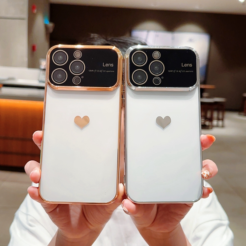 Étuis chromés en TPU souple 6D Heart Love pour iPhone 15 14 Plus 13 Pro MAX 12 11 Mode Joli cristal Protecteurs d'objectif d'appareil photo mignon Bling Grande fenêtre Couverture arrière de téléphone à trou fin