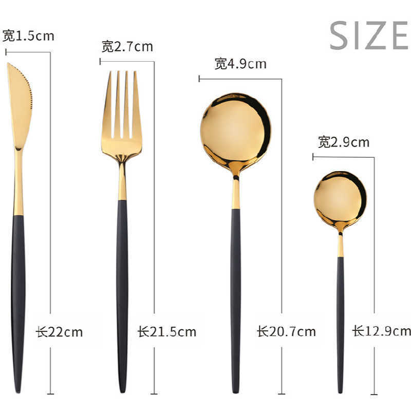 2/Dinnerware Portable Black Gold Stainless Steel Spoon Fork Steak Knife Set Travel Cutlery Tableware Cutlery Set HKD230812