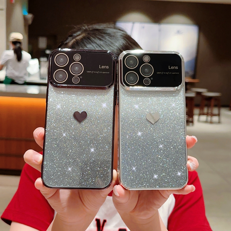 Bling Glitter Gradient Heart Love Chromed Case для iPhone 15 14 плюс 13 Pro Max 12 11 Soft TPU приятный кристалл милый объектив защиты с камерой Большое окно.