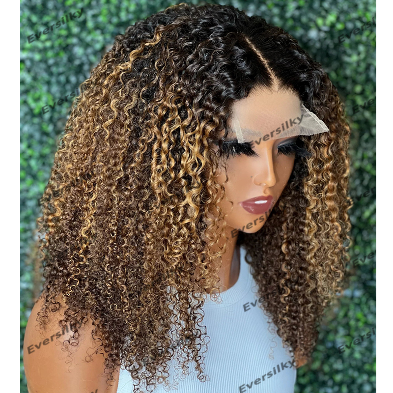 ペルーの200デンシーキンキーカーリーオンブルゴールデンブラウンレミーヒト髪のかつらと自然なヘアラインの魅力的な360レースウィッグベイビーヘア
