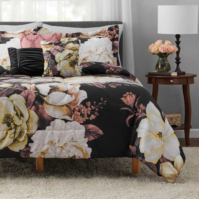 Set di biancheria da letto Mainstays Set di biancheria da letto consolatore da 10 pezzi con motivo floreale nero in borsa con lenzuola