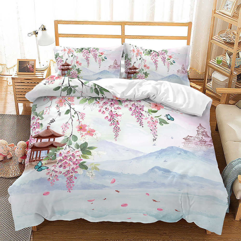 Zestawy pościeli różowe kwiatowa kołdra Cherry Blossoms Temat Setd Set Spring Romantic Quilt Cover for Girl Bedspread R230823