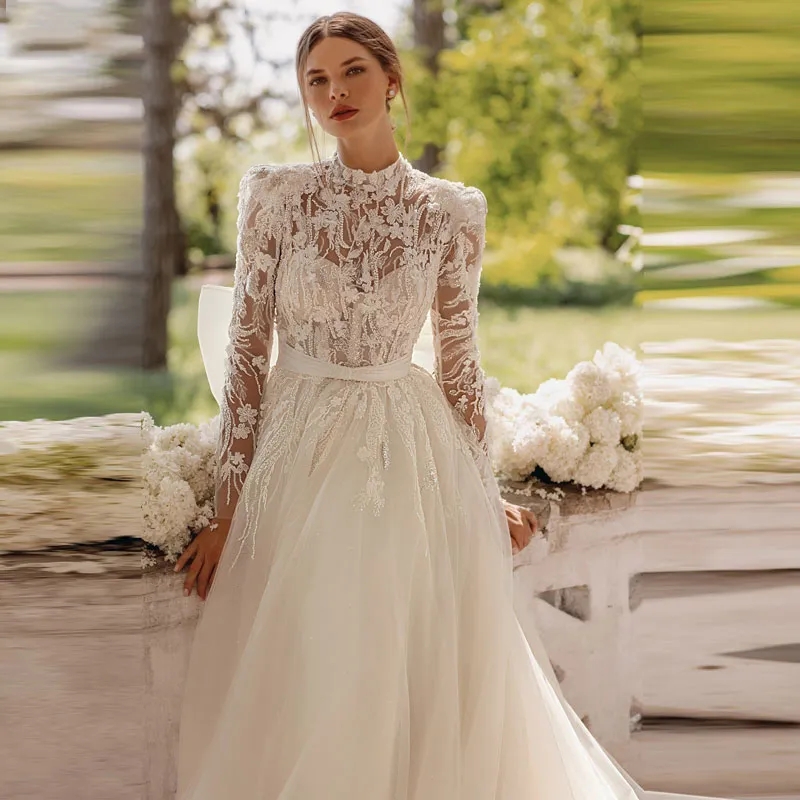 Princess Wedding Dress For Women 2023 Organza Bridal Gown Elegant Long Sleeves Lace Applique Up Bow Belt Vestidos De Novia