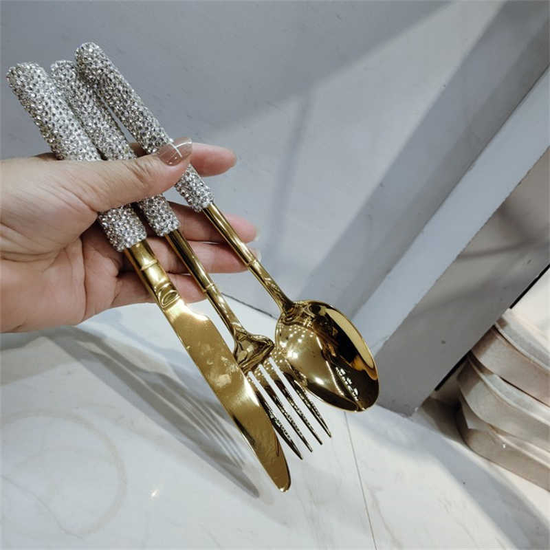 Luksusowe diamentowe sztućce ze stali nierdzewnej widelca łyżka łyżka złota srebrne oprogramowanie stołowe domowe budy