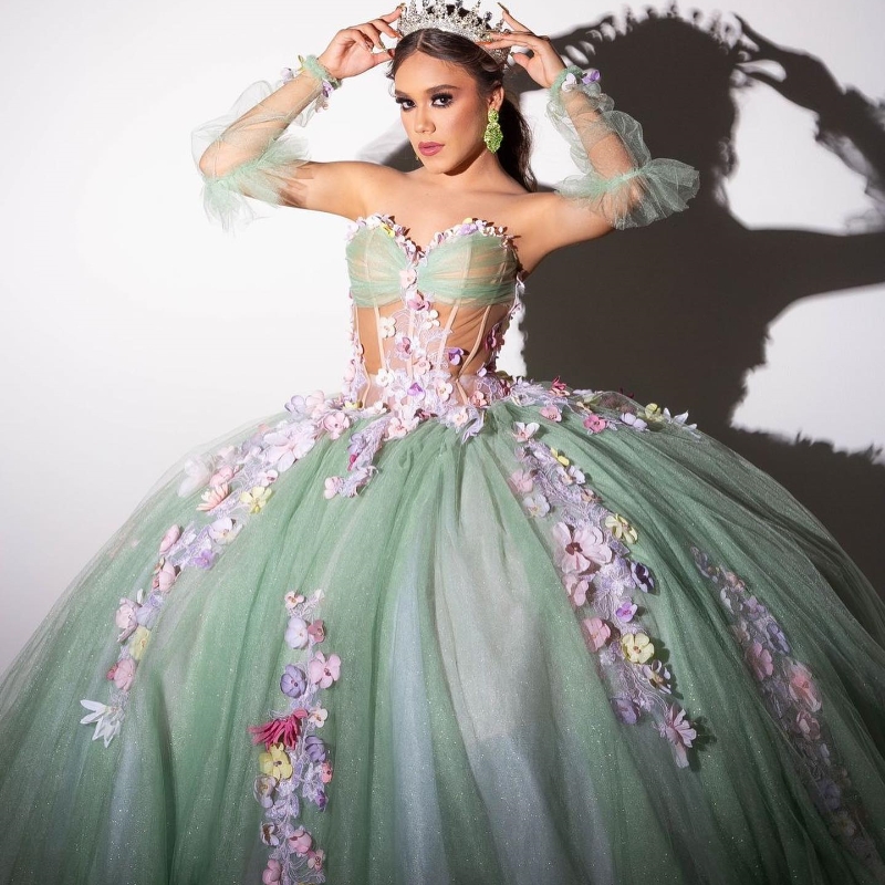 Green Ball Gown Quinceanera Dresses With Long Train Appliques Tull Vestidos 15 Quinceaneras Princess Party Gown