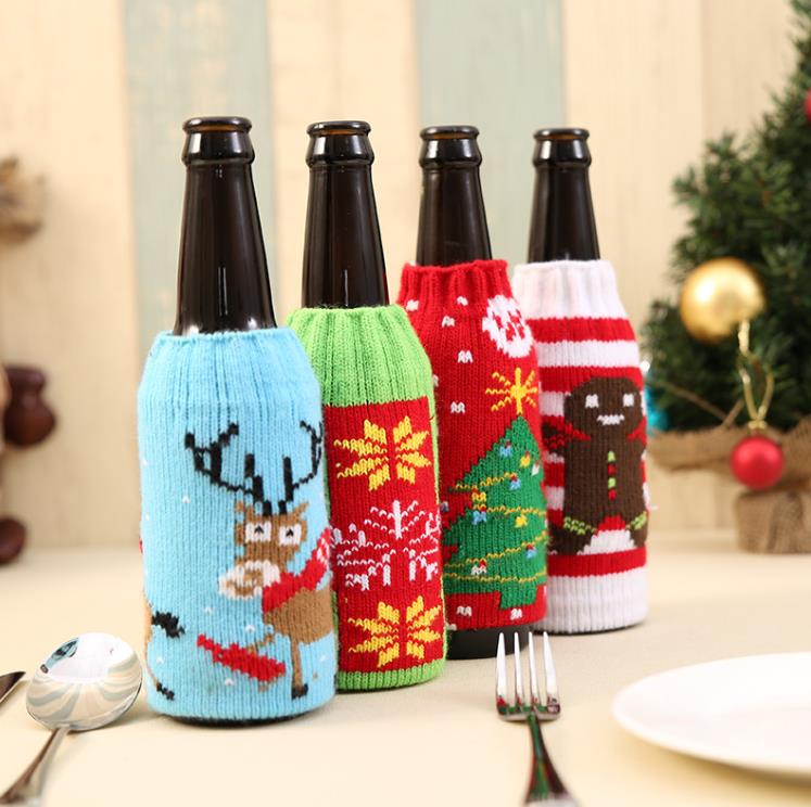 A capa de garrafa de vinhos de malha de malha de Natal por atacado Favor Favor Favor Chão de Vinhos de Cerveja de Natal Santa Snowman Moose Bottles Topper SN854