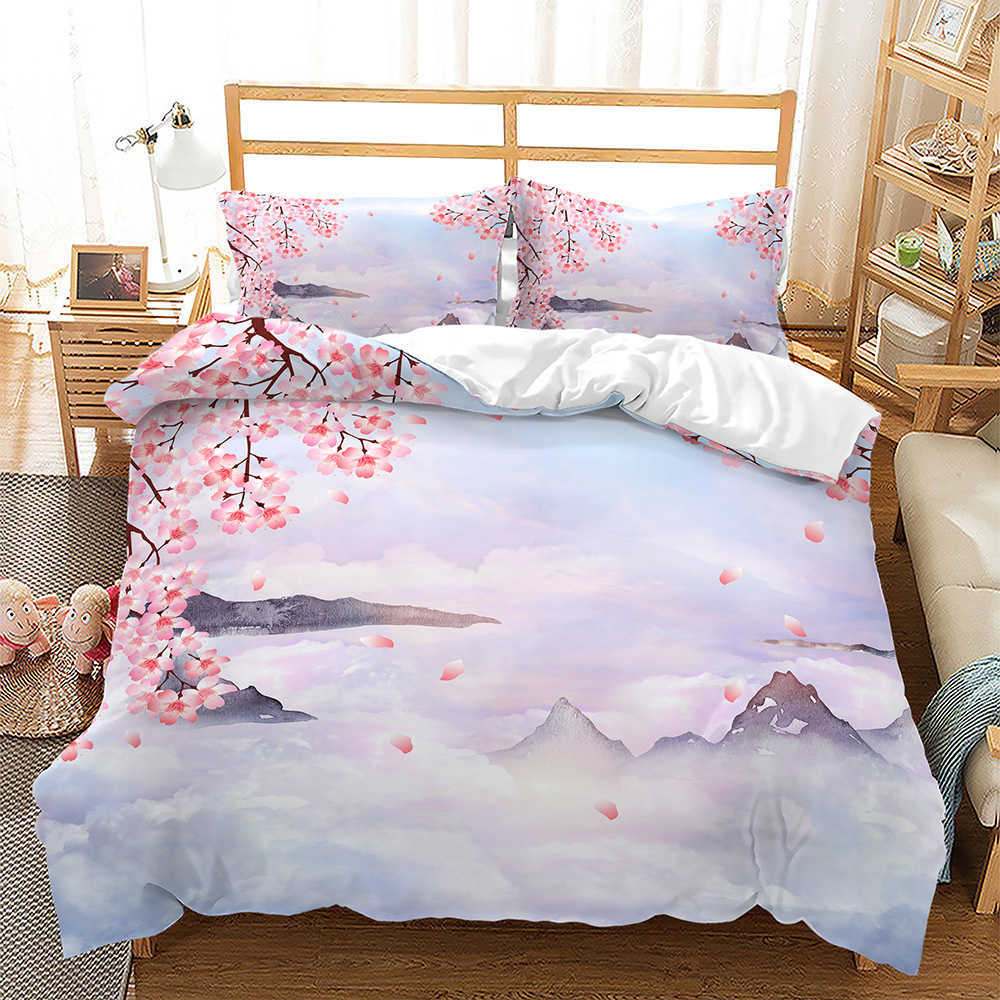 Sängkläder sätter rosa blommig täcke omslag Cherry Blossoms tema Sängkläder set Spring Romantic Quilt Cover för flicka sängäcke R230823