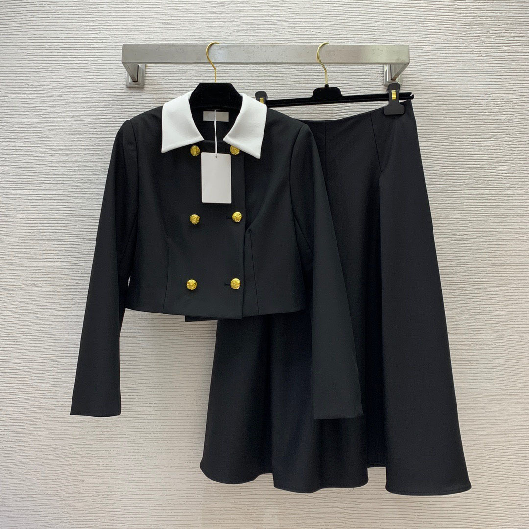 2023 Autumn Black / Khaki Contrast Kolor dwuczęściowy zestaw sukienki z długim rękawem Lapel Szyjka wysoka talia Peplum Mid Calf Suits Zestaw Dwuczęściowe garnitury B3G226531