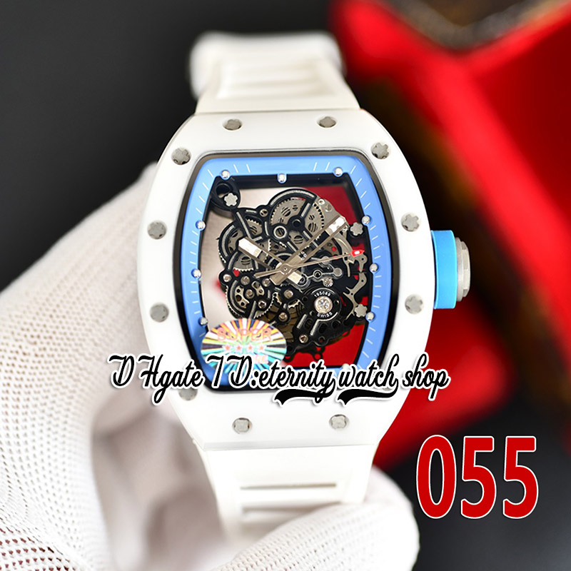 Z 055 Japan Miyota Automatisk rörelse Mens Titta på vitt keramiskt fodral Skeleton Dial Blue Inner Ring Rubber Strap 2023 Senaste version Eternity Sport armbandsur