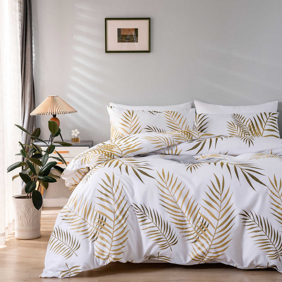 Set di biancheria da letto Set di biancheria da letto con foglie d'oro tropicali Copripiumino bianco alla moda Set da letto di lusso matrimoniale ragazza donna Tessili la casa