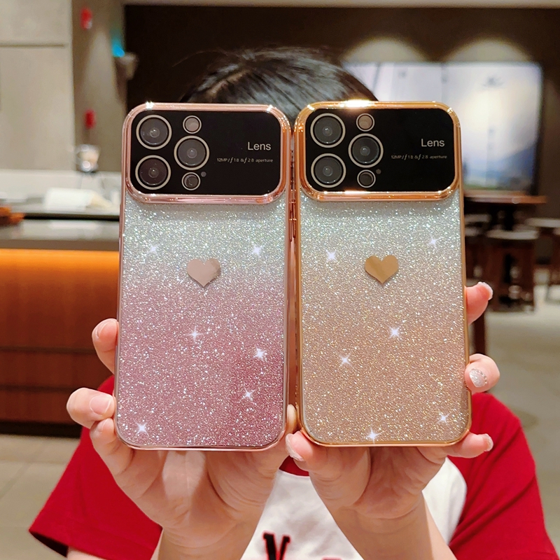 Bling glitter gradiënt hart liefde chromed cases voor iPhone 15 14 plus 13 pro max 12 11 zachte tpu mooie kristal schattige cameralens beschermers groot venster fijn gat achteromslag