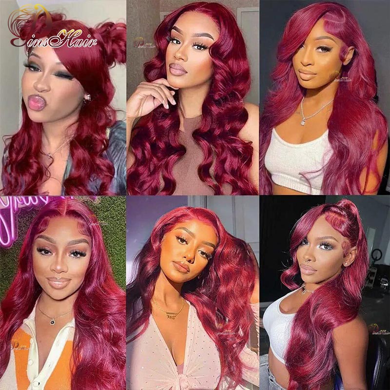 99J Color Body Wave Lace Front Human Hair Wigs Red Burgundy 13x4 Transparent Lace Front Wig Pre-Plucked for Women Remy Hair 180