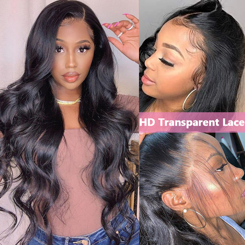 13x6 HD Transparent Body Wave Lace Frontal Wig for Women Preplucked 250% Density 28 30 Inche Brazilian Body Wave Human Hair Wig