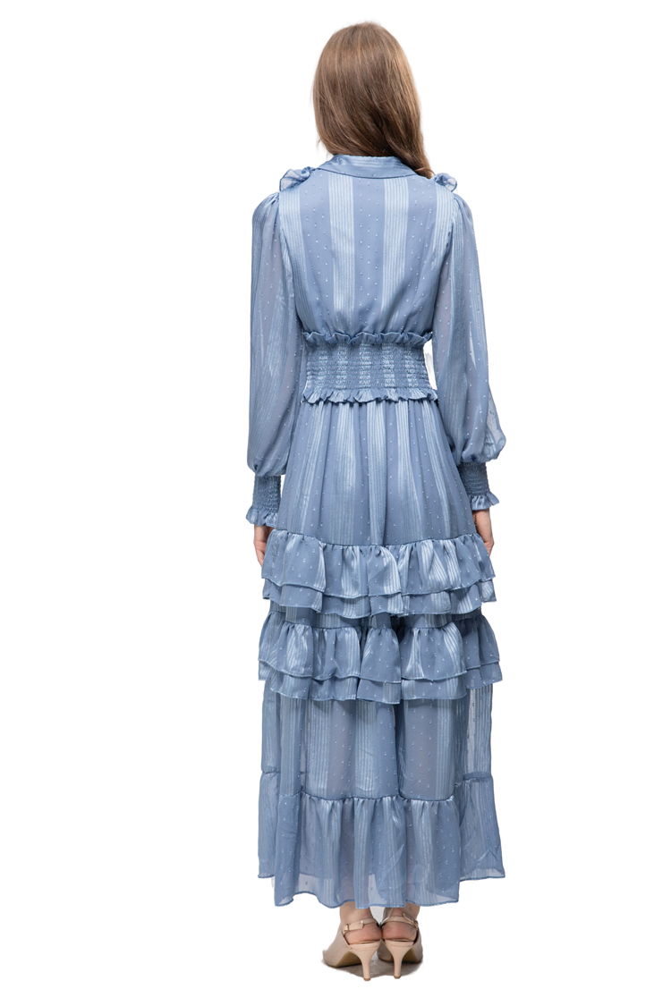 여자 활주로 드레스는 칼라 롱 슬리브 줄무늬 줄무늬 주름 장식 디자이너 Maxi restidos 파티 파티 가운