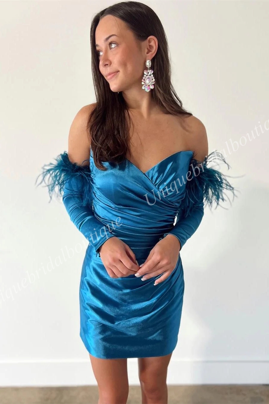 Seidiges, gedehntes Satin-Cocktailkleid 2k24, abnehmbare lange Federärmel, für Mädchen, Heimkehr, Abschlussball, Festzug, formelle Veranstaltung, Party, Landebahn, Black-Tie-Gala, Hoco-Kleid, Blaugrün-Rosa