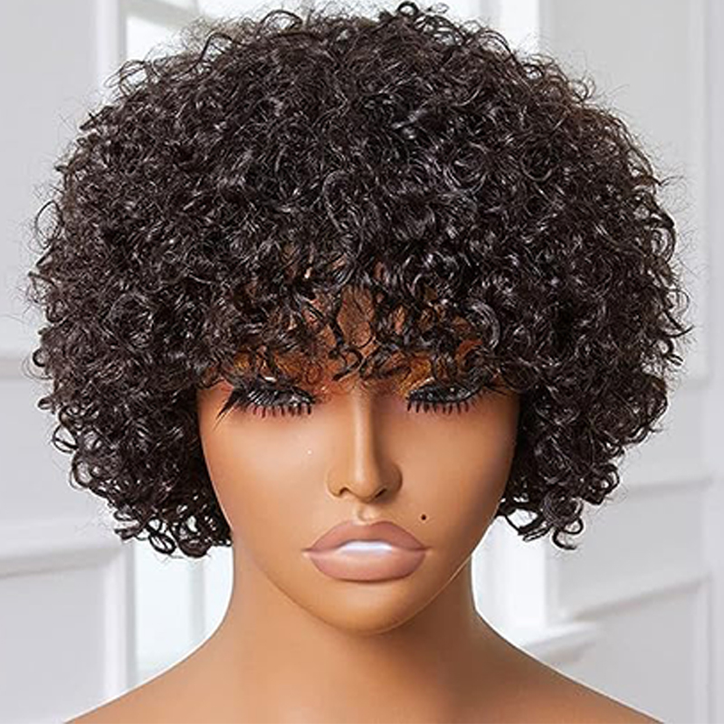 Curl Wig with Natural Fringe Brazilian 100% Human Hair Sassy Virgin Hair with Bangs Kinky Curly Bob Wig 180% Density