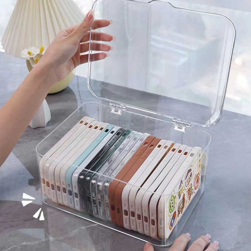 Transparent Phone Case Organizer Storage Box with Cover Home Desktop Acrylic Sundries Storage Basket Phone Case Holder HKD230812