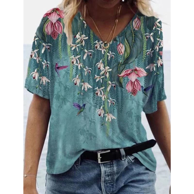 V Hals T-shirt dames zomer casual oversized print shirt tops losse vintage vrouwelijke tee streetwear korte mouw kleding s-5xl mode soft