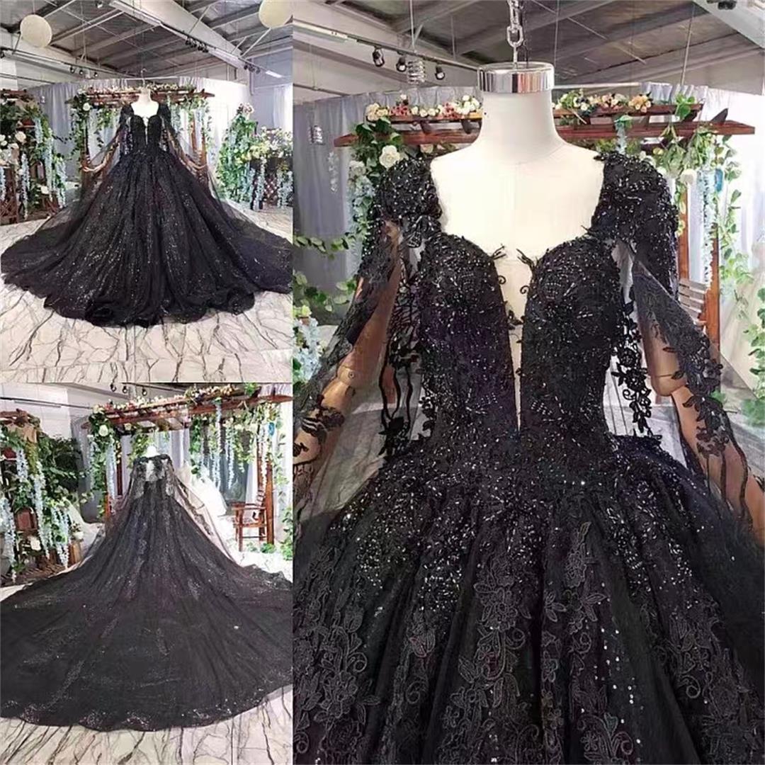 Vestido de fiesta negro Vestidos de novia Encaje vintage con chal de cola larga Galaxy Peso manual HS3108
