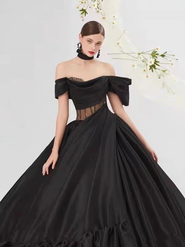 Robe de bal noire robes de mariée Hepburn Style Vintage une épaule Satin grand sentier HS3109