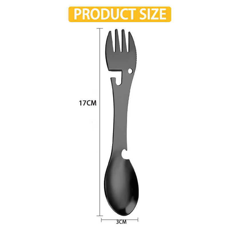 Camping Fork Spoon Stainless Multi Function Spoon Outdoor Camping Travel Fork Spoon Picnic Cutting Knife Bottle Can Opener HKD230810