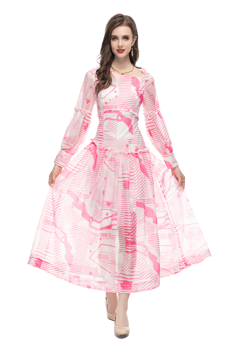 Damskie sukienki na pasie startowe o szyję długie rękawy drukowane marszczenia upuść talię projektant mody maxi vestidos